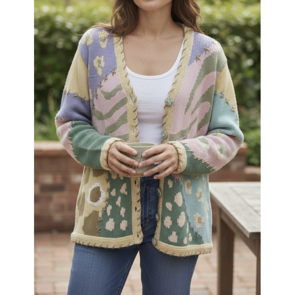 Storybook Knits Patchwork Spring Themed Cardigan Sweater Ramie Cotton Size Large - Picture 15 of 16